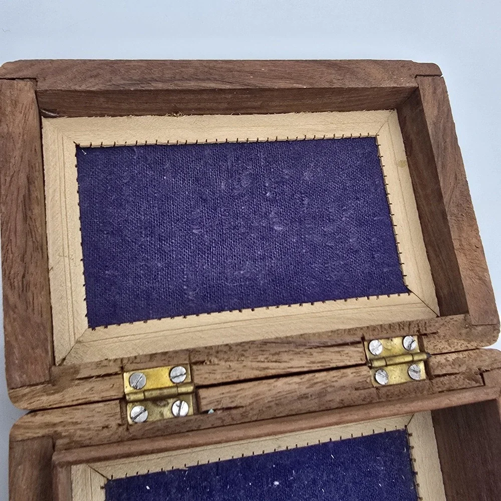 Vintage Hand Carved Wood Box Floral Design Inlay velvet lined Jewelry Box